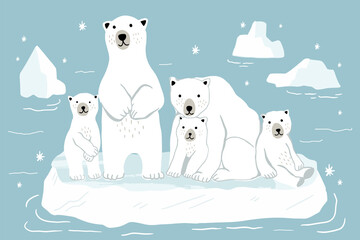 Set of adult polar bears and their young cubs in various poses. Northern animals. Vector

