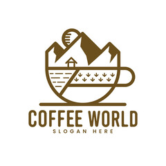 coffee nature logo. nature line design and cup of coffee. Vector line art icon template