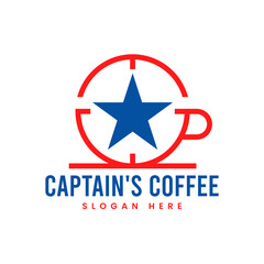 coffee star logo. star line design and cup of coffee. Vector line art icon template

