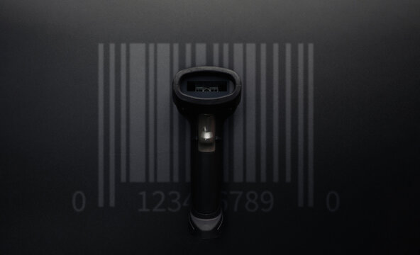 Bar code. Retail label barcode scan. Reader laser scanner for warehouse on black background. Product code data concept.