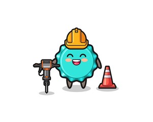 road worker mascot of bottle cap holding drill machine