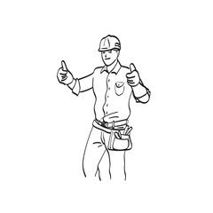 successful male worker with hard hat showing thumbs up hand sign illustration vector isolated on white background line art.