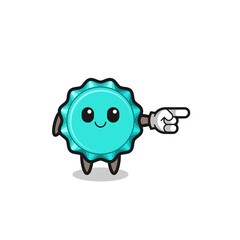 bottle cap mascot with pointing right gesture