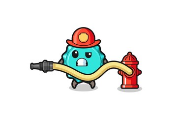 bottle cap cartoon as firefighter mascot with water hose