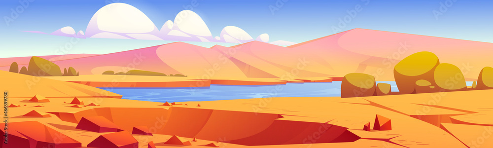 Wall mural crater in desert oasis with river, sand dunes and plants cartoon landscape. vector parallax backgrou