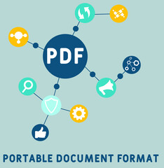 PDF - Portable Document Format acronym. business concept background.  vector illustration concept with keywords and icons. lettering illustration with icons for web banner, flyer, landing