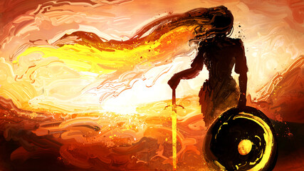 A feminine silhouette of a knight girl with a shield on which a crescent moon and a golden glowing sword, she has long magical hair, against the background of a bright sunset. 2d oil illustration - 466399990