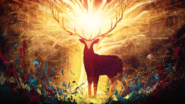 art with a magical forest deer with big golden horns, she stands in a clearing with flowers, behind him a huge tree glowing with yellow divine light. 2d illustration