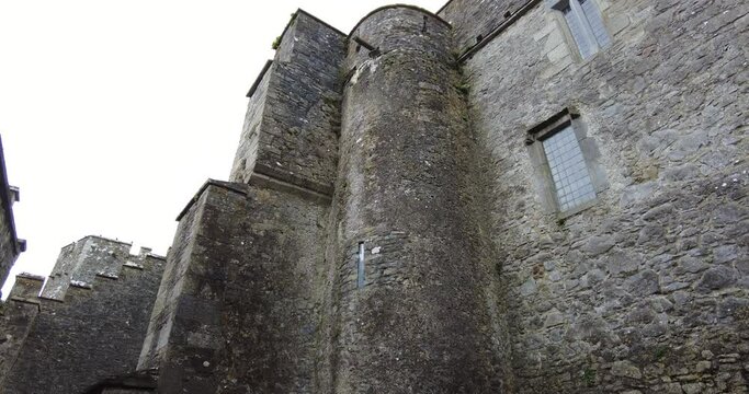 Rising shot of inside Cahir Castle walls in County Tipperary Ireland