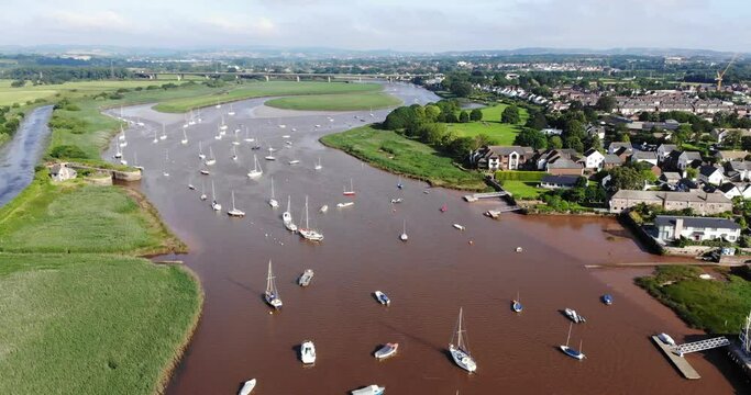 Aerial View Of Sailboats Anchored In River Exe In Topsham. Dolly Forward