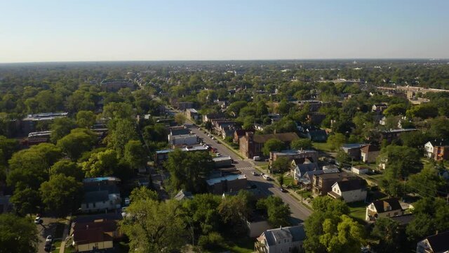 Aerial Flight Over Homes in Low Income Neighborhood. Daytime