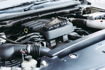 Fototapeta premium Car Engine Checkup and Auto Car Service, Automotive Workshop and Maintenance Vehicle Car Engines. Business Automobile Maintenance Repair Defective Part Equipments of Car Services Station.