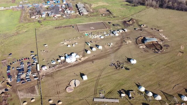 Sergiev Posad, Russia - 30 October 2021: Camel farm ethnopark "Nomad" from a bird's eye view