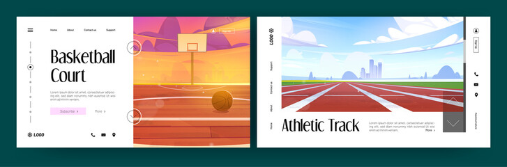Basketball court and athletic track banners. Vector landing pages of sport grounds with cartoon illustration of empty stadium with running lane and field with ball and hoop - obrazy, fototapety, plakaty