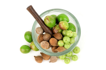 Terminalia bellirica , terminalia chebula and phyllanthus emblica or triphala isolated on white background.top view ,flat lay.