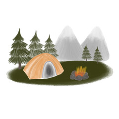 Illustration of camp tent in the forest and mountains. Illustration for decor and design. 