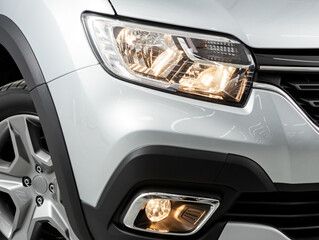 Glowing Headlight of a modern car close-up