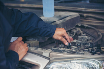 Mechanic car service auto garage in automotive mobile center. Technician workshop repair engine motor vehicles service mechanical engineering business. Automobile mechanic hands car repairs technic