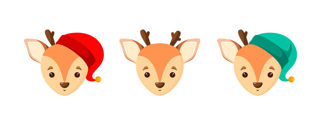 A set of Christmas deer heads in hats. Cartoon style.
