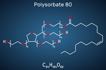 Polysorbate 80 molecule. Polysorbate is nonionic surfactant and emulsifier. Structural chemical formula on the dark blue background