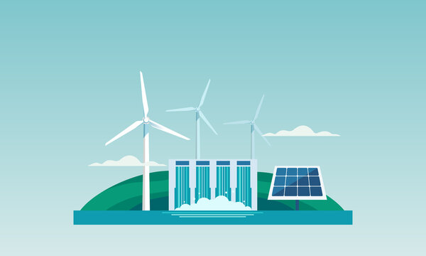 Sustainable renewable energy, hydroelectric power plants Wind turbines and solar panels environmentally friendly vector illustration