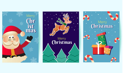 Fototapeta premium Christmas greeting card collection with colorful flat illustration of Santa, Deer and holiday decorations. Christmas poster or flyer design set.