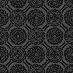 Abstract ornamental geometric seamless pattern with white contours of abstract flowers and circles on textured black background. Template for design, textile, wallpaper, wrapping, carton, ceramics.