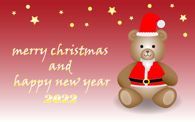 Merry Christmas and Happy New Year 2022 celebrations with Teddy bear in Christmas costume.