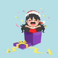 Illustration of a little girl wearing santa clothes and appear from the present box. Concept illustration of Christmas day