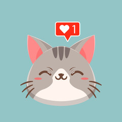 Cartoon illustration of cute cat face with love icon. Vector illustration of cute cat
