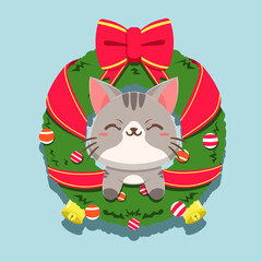 Cartoon illustration of cute cat with Christmas decorative wreath. Vector illustration of Christmas day