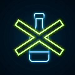 Glowing neon line No alcohol icon isolated on black background. Prohibiting alcohol beverages. Forbidden symbol with beer bottle glass. Colorful outline concept. Vector
