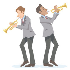 Jazz trumpet players performing back to back on isolated white background. Performing with trumpet. Vector illustration in flat cartoon style.