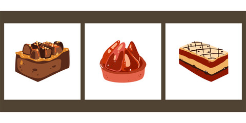 A set of three illustrations for restaurant menus, delivery, website design, applications. Hand drawn vintage background with desserts, pastries. Delicious sweets. Stylish minimalist food poster.