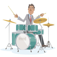 A jazz drum player performing on isolated white background. Performing with drum set. Vector illustration in flat cartoon style.