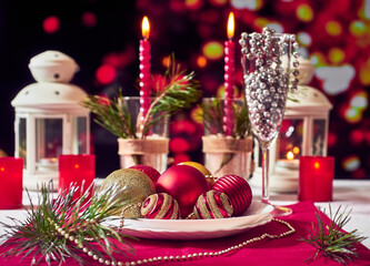 Red candles, lights, golden balls, Christmas decorations on the table.