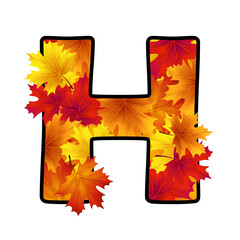 The letter H with red, yellow, orange maple leaves with black border isolated on white background. Vector Holiday illustration for postcard, banner, cards, web, design, advertising.