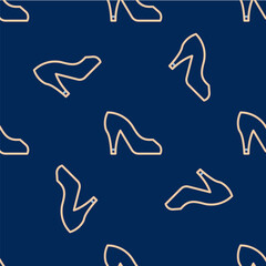 Line Woman shoe with high heel icon isolated seamless pattern on blue background. Vector