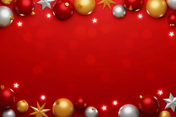Christmas ball bauble decoration and star on red background with center copy space. 3d rendering illustration