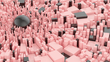 Obraz premium Abstract geometric background with square extrude and black sphere. Pink and black materials. Science fiction concept. 3D rendering.