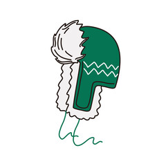 Winter hat with fur. Doodle style. Children green clothing. Vector hand-drawn illustration