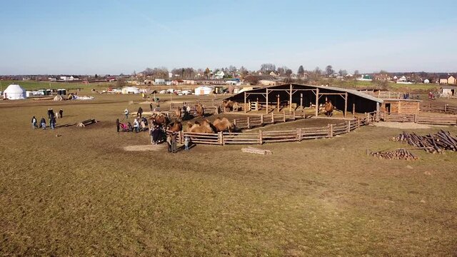 Sergiev Posad, Russia - 30 October 2021: Camel farm ethnopark "Nomad" from a bird's eye view