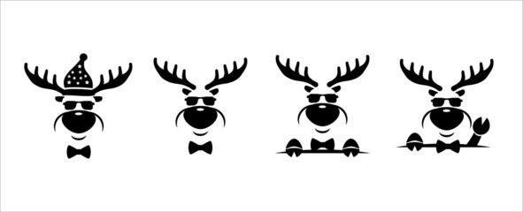 Set of cute reindeer face. Cool and cheerful expression of reindeer face character. Wearing hat and bow tie waving hand. Vector illustration design template for sticker, t-shirt, and printing.