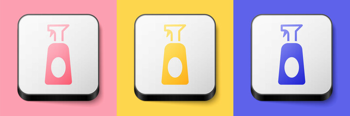 Isometric Cleaning spray bottle with detergent liquid icon isolated on pink, yellow and blue background. Square button. Vector
