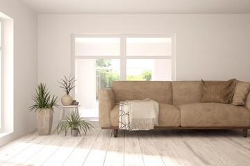 White living room with sofa. Scandinavian interior design. 3D illustration