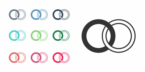 Obraz premium Black Wedding rings icon isolated on white background. Bride and groom jewelry sign. Marriage symbol. Diamond ring. Set icons colorful. Vector