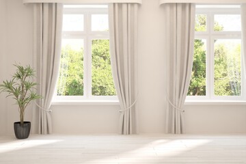 Fototapeta na wymiar Stylish empty room in white color with summer landscape in window. Scandinavian interior design. 3D illustration