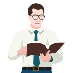 Young man with book in modern simple flat style isolated on white background. Education person concept vector illustration.