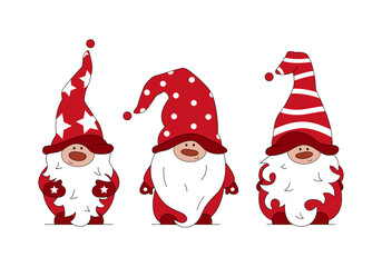 Vector flat illustration with set of three red festive bearded gnomes.