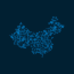 Obraz premium China dotted glowing map. Shape of the country with blue bright bulbs. Vector illustration.